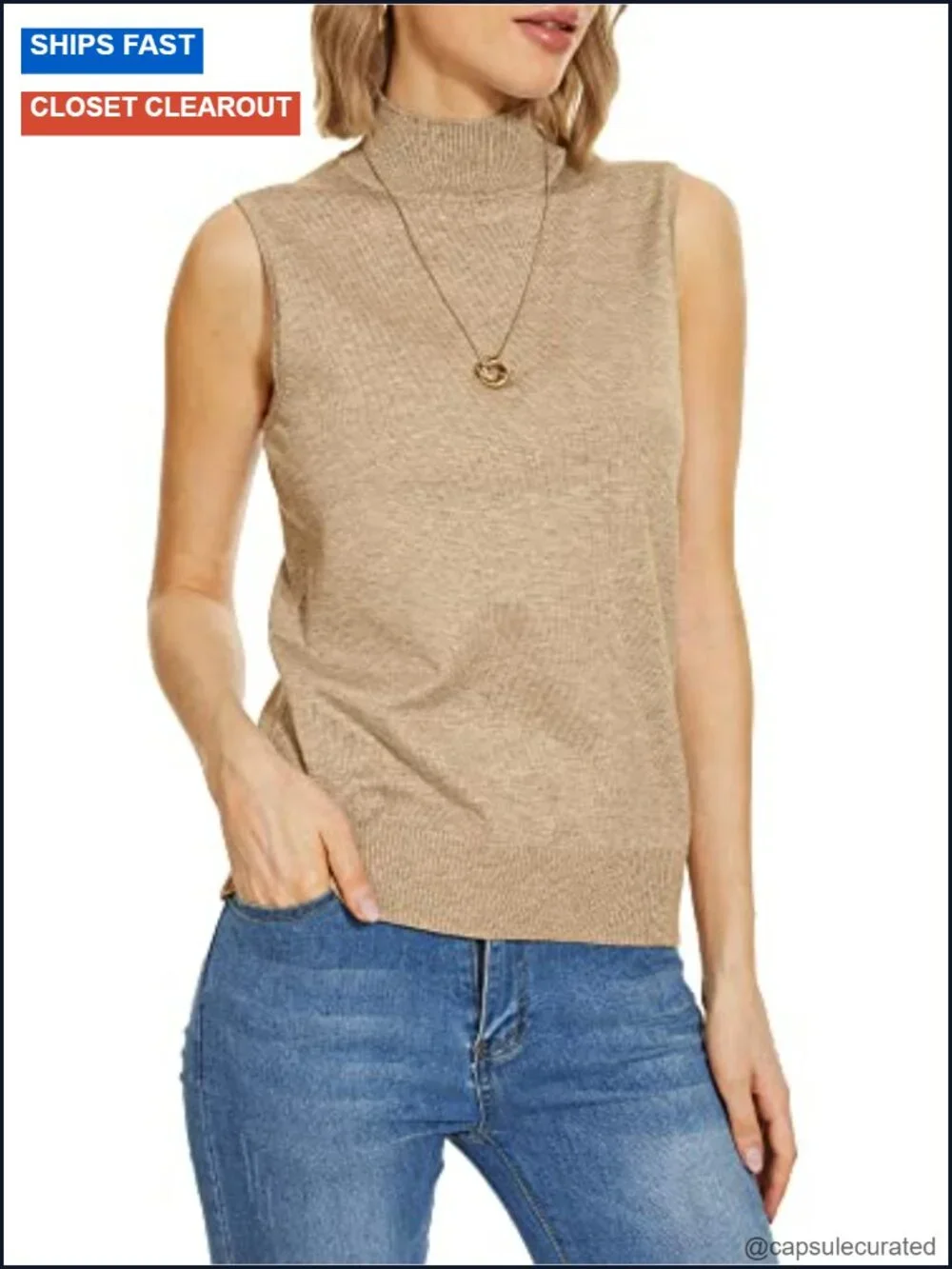 Sleeveless Mock Neck Turtleneck Knit Top Sweater Vest Business Work Tank